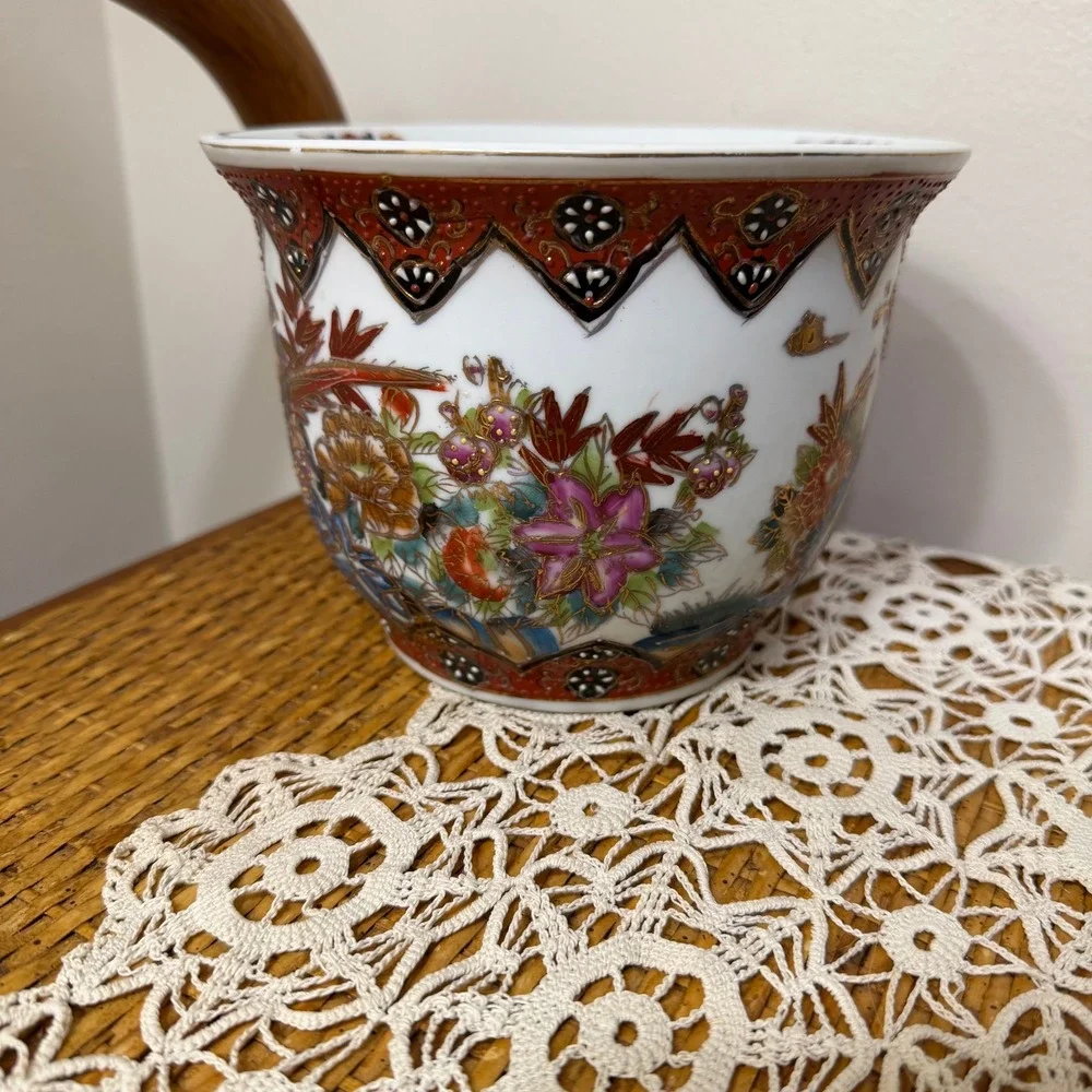 Vintage Chinese Export Porcelain Jardiniere Planter Birds Flowers Gold Gilt 5